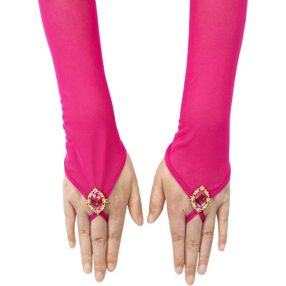 Women's Baby Pink Long Fabric Finger Loop Gloves Bridal Wedding Party Costume - Picture 3 of 6